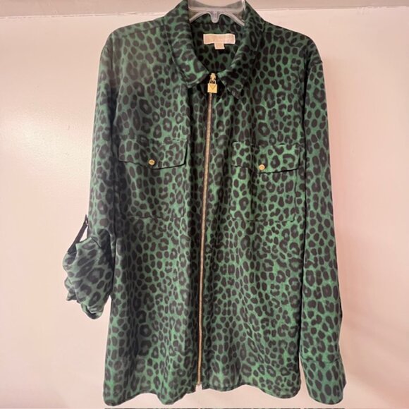 MICHAEL KORS Women's Animal Print Zip Up Jacket, Green Leopard Print, Size 3X - Picture 1 of 7